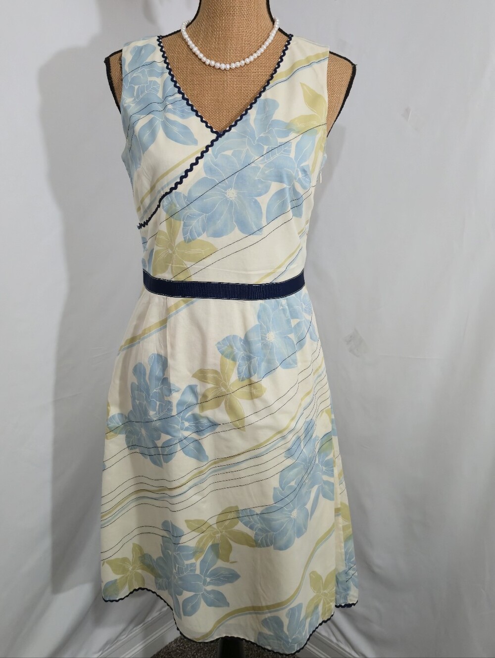 Kenar Cream Dress with Soft Blue Floral and Navy Trim